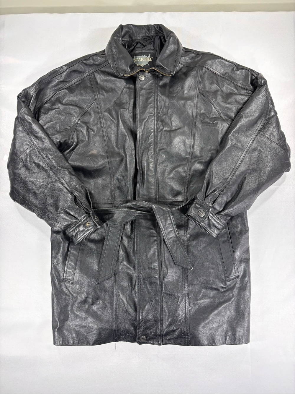 Oscar Piel Black Genuine Leather Belted Trench Coat Size L